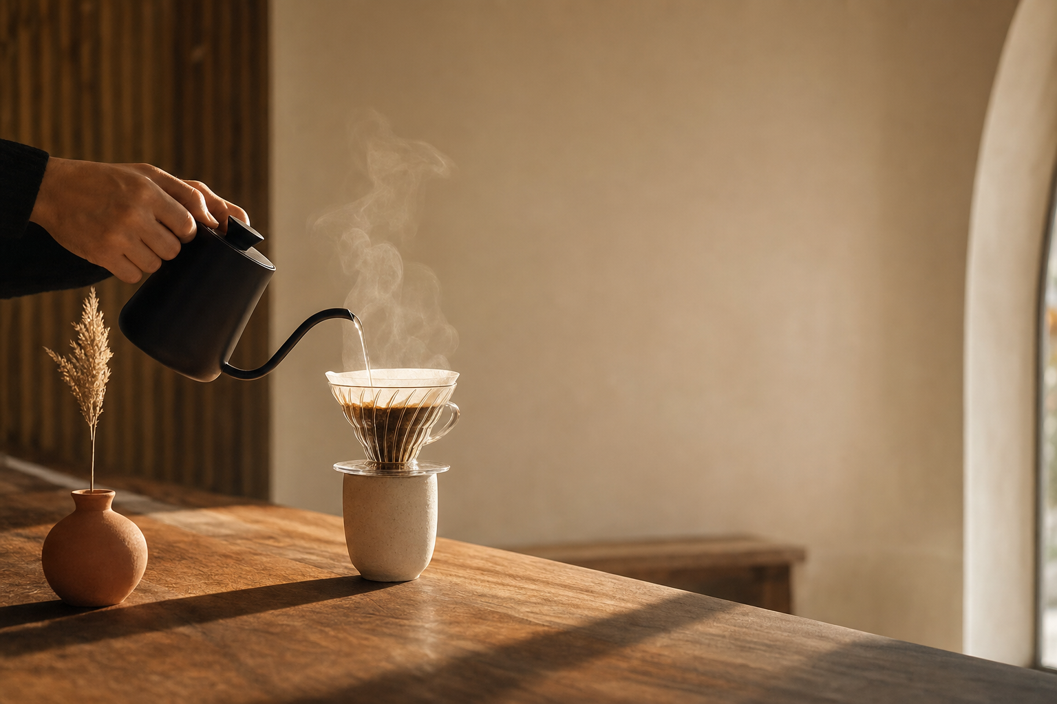 Pour-over service at Mornings, hands on the kettle